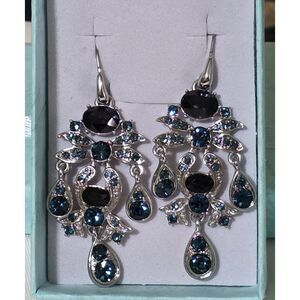 Vintage MONET Sapphire Blue Rhinestone Chandelier Earrings • Silver Tone Drop